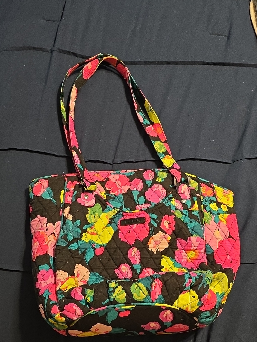 Vera Bradley Hilo Meadow Quilted Tote Bag in Black with Bright Multicolor Blooms